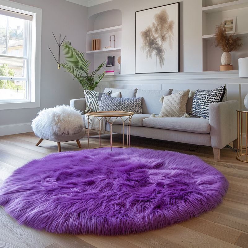 Tapis mauve en polyester tissé à la machine de couleur unie Rhonda, Rond 4 pi 11 po