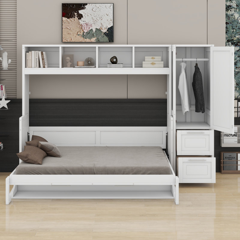 Lit escamotable Murphy avec placard et tiroirs, Blanc
