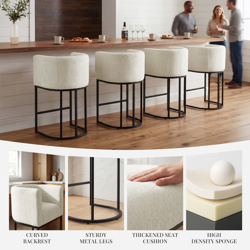 Modern Barrel Counter Stools with Backrest and Arms, Linen Fabric Upholstered Accent Barstools for Kitchen Island,Support 450 LBS