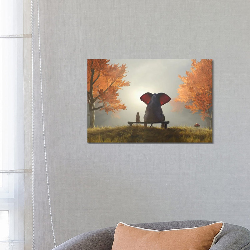 Elephant And Dog Sit In The Autumn Garden II by Mike Kiev - Print on Canvas, Wrapped Canvas