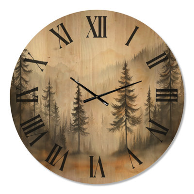 Golden Mist Pine Forest I - Rustic Round Wood Wall Clock