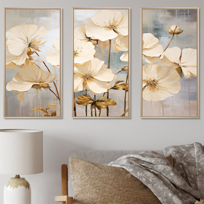 Minimalism Beige And Blue Geraniums Flower - Geraniums Wall Art Living Room Set