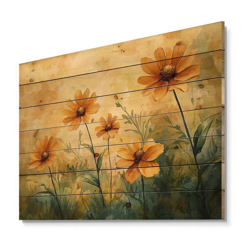 Summer Zinnias Sunlit Petals III - Zinnias Wood Print - On Natural Pine Wood, 34" H x 44" W x 0.78" D