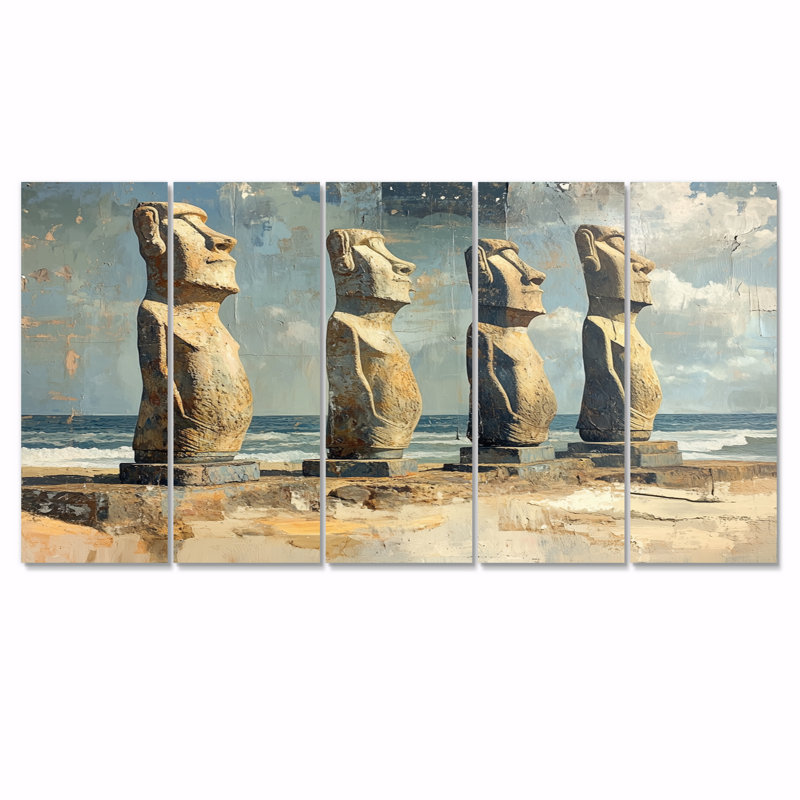 Ensemble de statues grises de la sagesse antique sur l'île de Pâques II - Île de Pâques, H 28 po x l 60 po