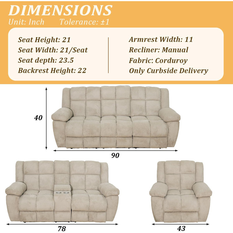 Manual Reclining Couch Sofa Set With Drop-down Table, 3 Pieces Brown Corduroy Recliner Couch Sets, Living Room Furniture Sets, Recliner Sofa With Storage Console/cup Holder For Home/apartment