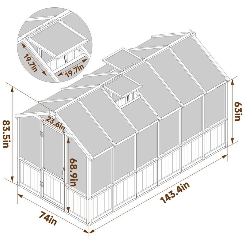 Wooden Polycarbonate Greenhouse, Natural Wood, 83.5" H x 74" W x 143.4" D
