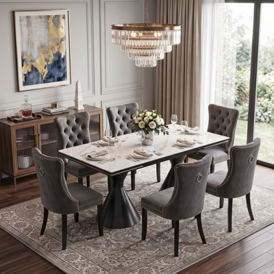 Modern Glam Extendable Rectangular Dining Set, 55"–79" Faux Marble Top With Velvet Tufted Chairs, Seats 4–8