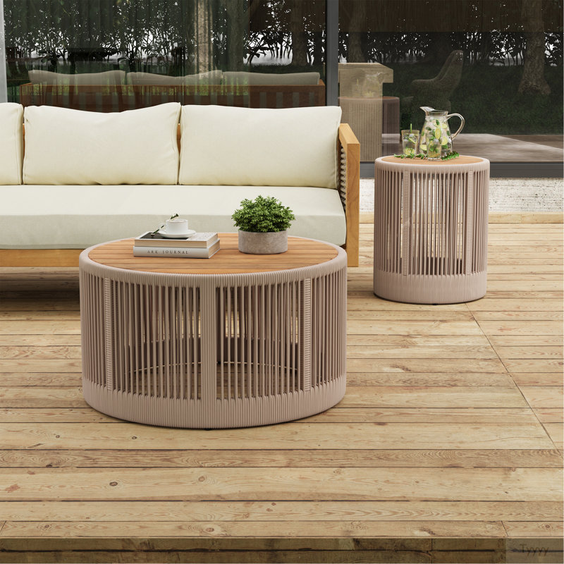 Ensemble de table industrielle rustique, table basse et table d'appoint avec design en corde tissée, ensemble de table élégant et fonctionnel moderne pour le salon et la décoration intérieure - corde beige