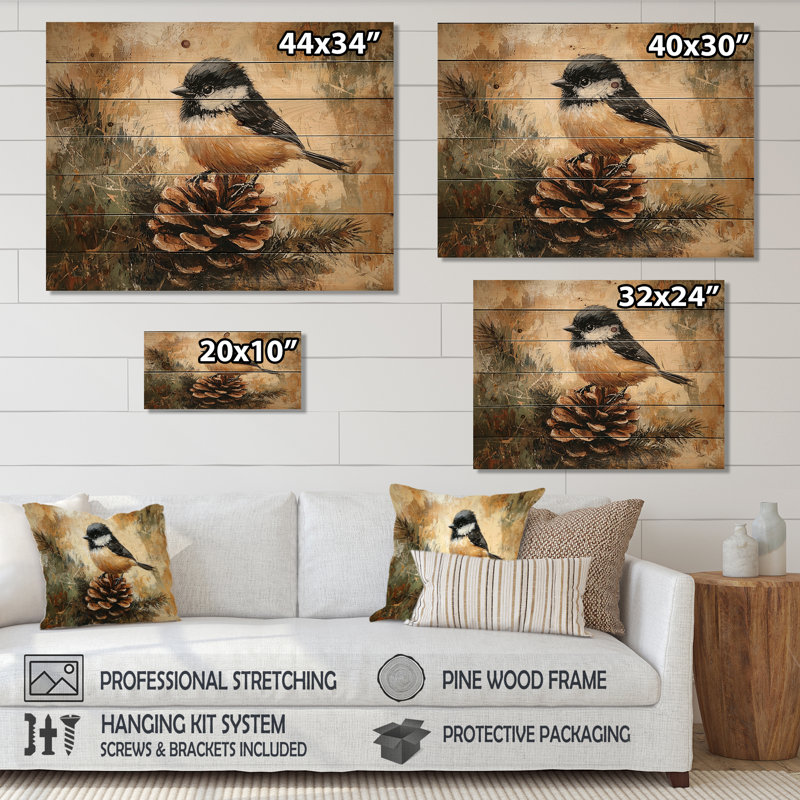 Mésange sur une pomme de pin II - décoration murale oiseau en bois - bois de pin naturel, H 24 po x l 32 po
