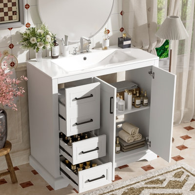 Meuble-lavabo moderne avec lavabo en céramique, caractéristiques de fermeture en douceur, tablette réglable et tiroirs pour salles de bain organisées et fonctionnelles