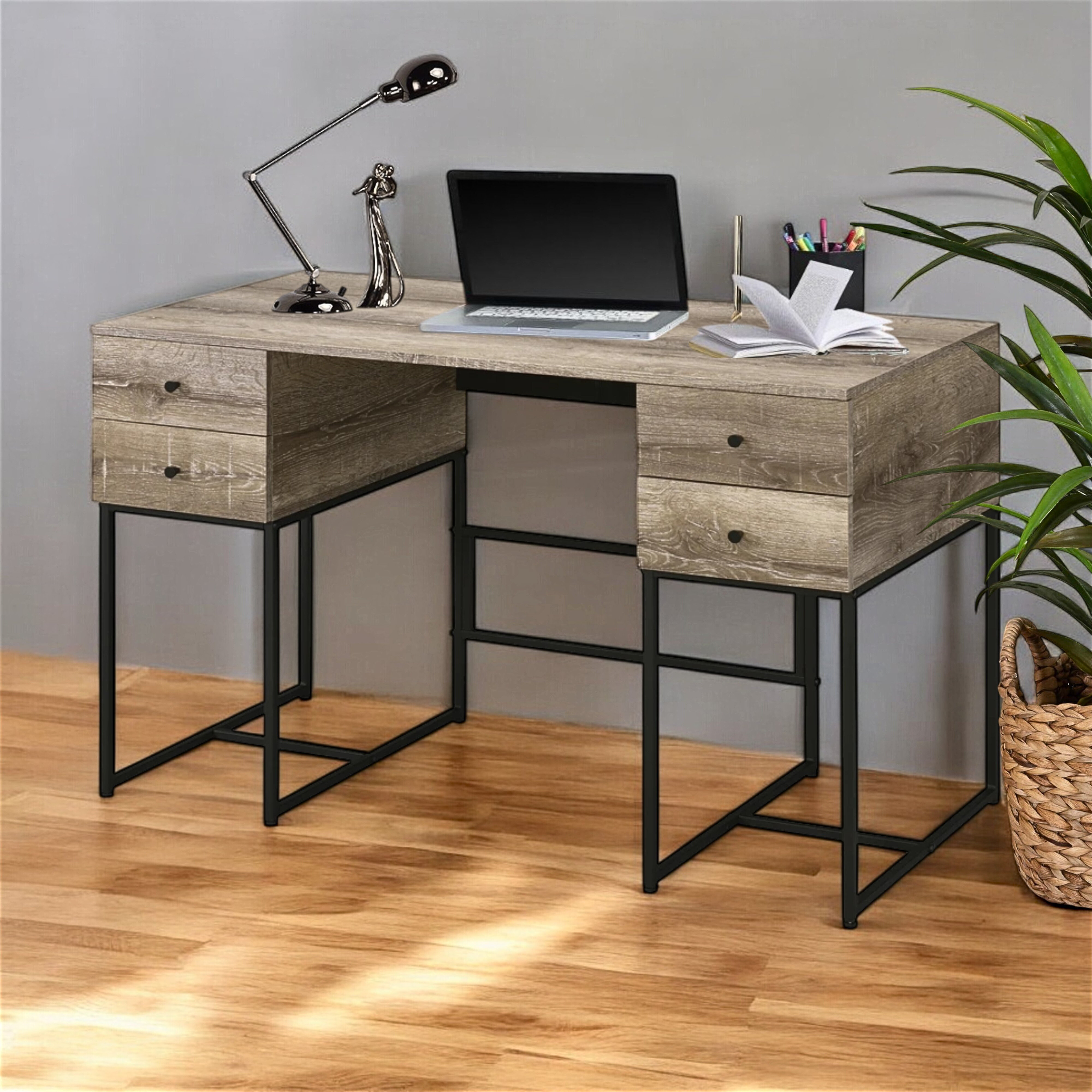 Sand Ripples Desk Trio Supply House Ripple Desk in Rustic Oak & Black | Wayfair