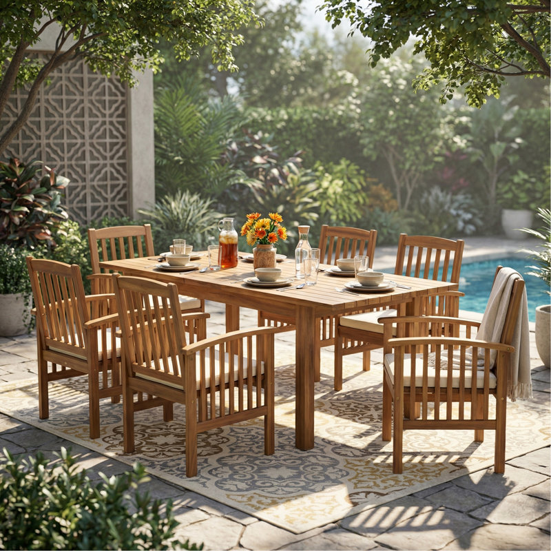 7 Pieces Acacia Wood Outdoor Dining Sets,Modern 6 Chairs 1 Large Table,Dining Furniture Set For Lawn, Backyard, Garden Deck,Poolside