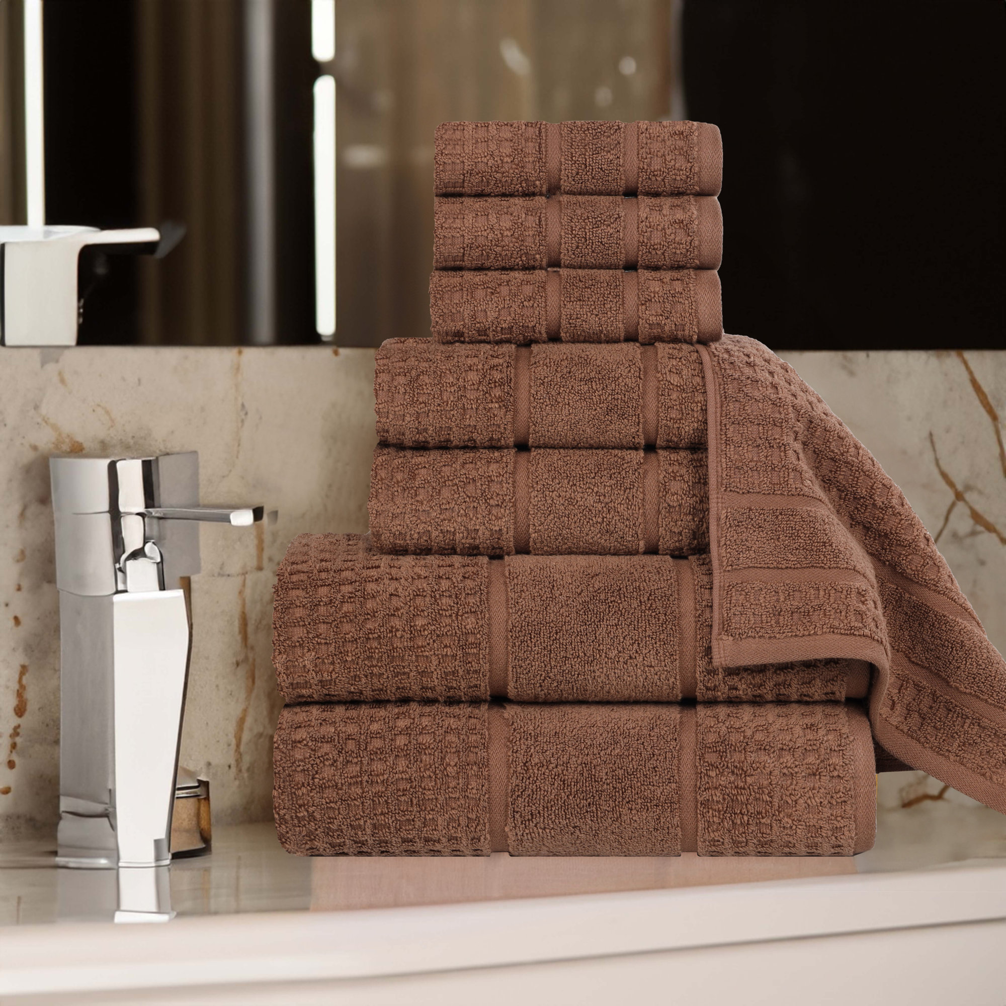 Hisela Zero Twist Cotton Solid Waffle Honeycomb Plush Soft Absorbent Medium Weight Assorted Towel Set, 8 Piece Towel Set