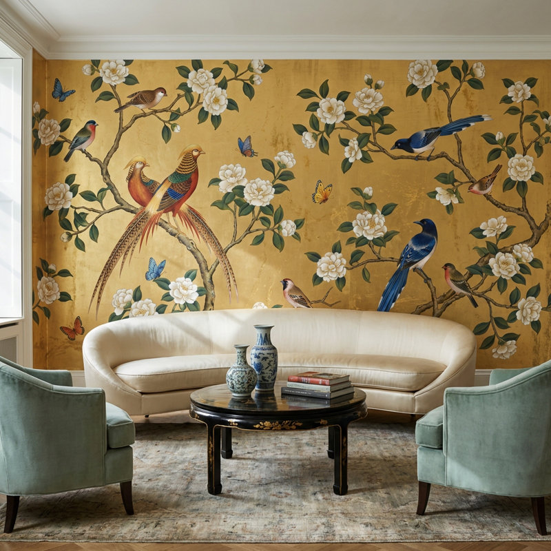 Papier peint oriental oriental avec oiseaux de style oriental, 160 po x 108 po, Peler et coller