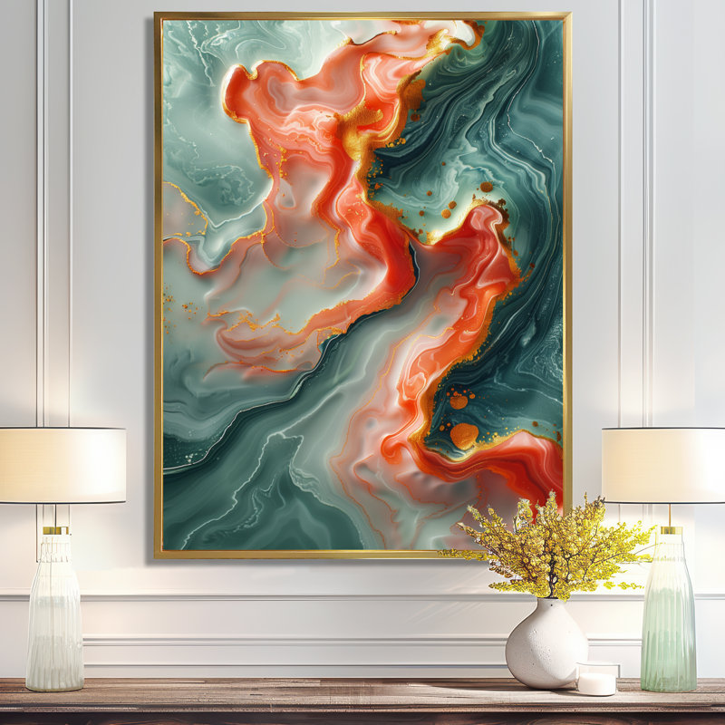 Décoration de mur en marbre orange et vert abstrait - marbre, H 20 po x l 12 po x P 1 po, Cadre flottant doré