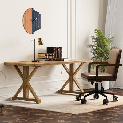 59.1'' Farmhouse Computer Desk Wooden Writing Desk In Natural With Trestle Base 