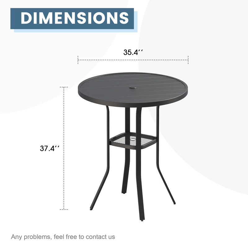 Tieshia Round Metal Outdoor Bar Table With Umbrella Hole , 35.4'' in. W 35.4'' in. D, Black
