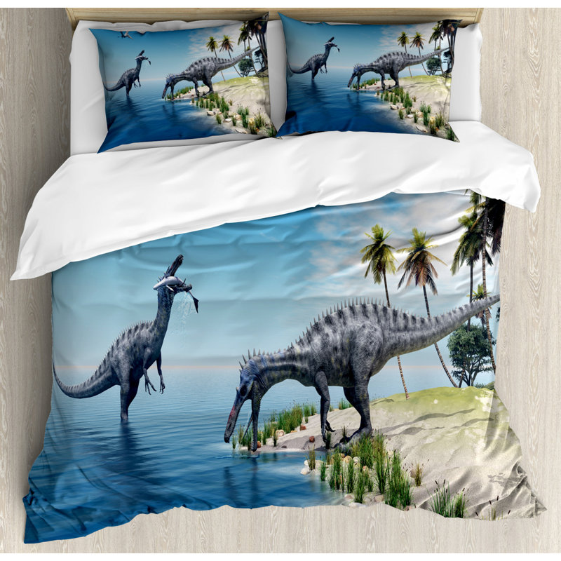 Polyester Duvet Cover, King Duvet Cover + 2 Standard Shams, Blue/Green Dinosaur