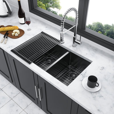 Double Bowl Kitchen Sink 33"X19" - Gunmetal Black Stainless Steel, 10" Deep Basin, With Condensation Spray 33" Black, 16 Gauge Coating