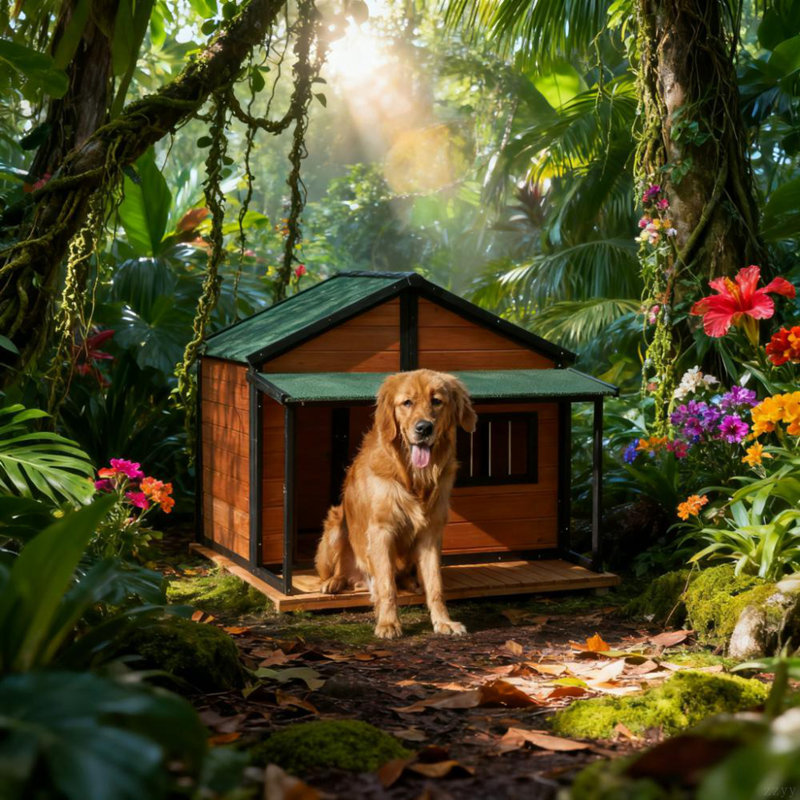 Niche pour chien surélevée en bois pour chien avec toit en asphalte, porte d'entrée, fenêtre latérale, porche