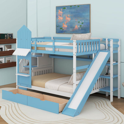 Full-Over-Full Castle Style Bunk Bed With 2 Drawers, 3 Shelves And Slide