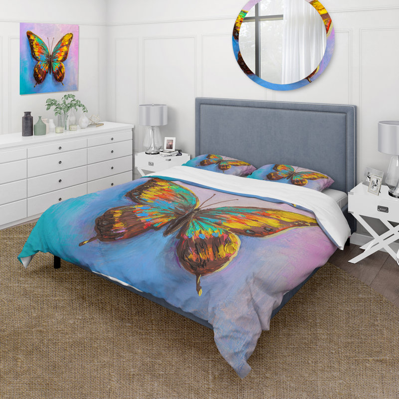 Magnifique papillon en turquoise et orange - Ensemble de housse de couette moderne - Microfibre de polyester