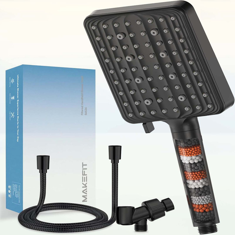 Pomme de douche à main avec filtre MakeFit - Pomme de douche à main haute pression 6 modes avec filtres - Perles adoucissantes pour l'eau dure - Pomme de douche amovible pour salle de bain, noir mat