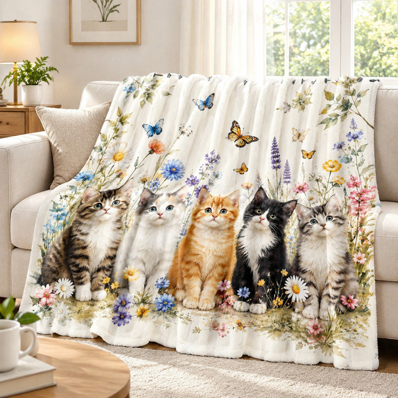 Cute Cat Print Throw Blanket, Adorable Kittens and Butterflies Design, Soft Cozy Flannel Blanket for Sofa Couch Bedroom Living Room Home Decor