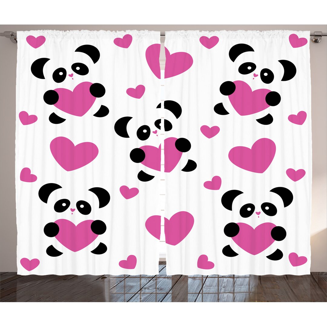 Rustikaler Vorhang, Love Pandas Herzen, Karikatur, Fuchsia Schwarz Weiß