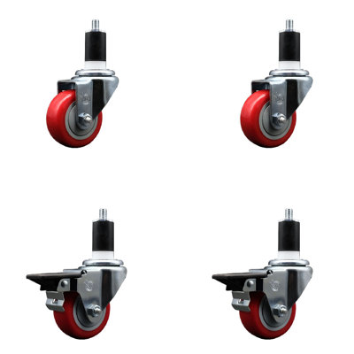3 Inch Red Poly Wheel Swivel 1-1/2 Inch Expanding Stem Caster Set 2 Brakes SCC