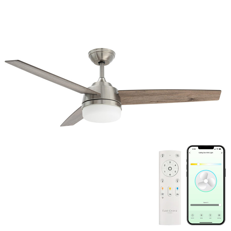 Gale Collection Smart 3-Blade 52in Ceiling Fan 2700K-6000K CCT Selectable LED Light Kit with Remote Control in Brushed Nickel with Weathered Wood Blades Works With iOS or Android App
