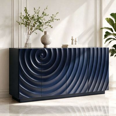 59" Wide Modern 4-Door Buffet Cabinet with Textured Wave Front Design, Storage Sideboard with Interior Shelves for Living Room, Kitchen, Dining Room, Freestanding Floor Cabinet, Matte Finish, Anti Dumping