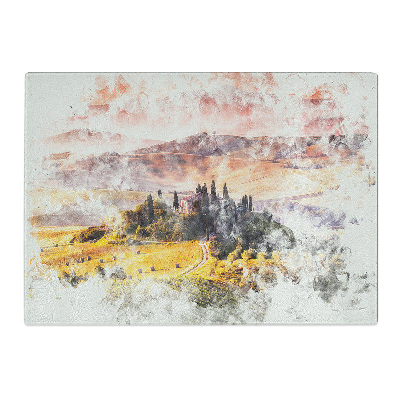 Tempered Glass View over Tuscany in Italy Watercolour Chopping Board, 28.5 cm x 39 cm