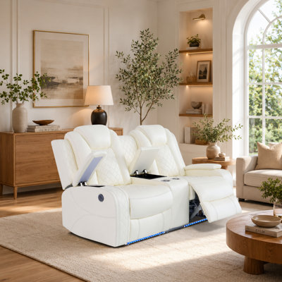 White Breathable Faux Leather Power Reclining Loveseat with Storage Console, Cup Holders, USB Port, and LED Base Lighting