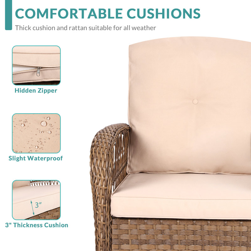 Vreeland Solid Wood and Wicker 2 - Person Patio Conversation Set with Cushions, Beige, Light Brown
