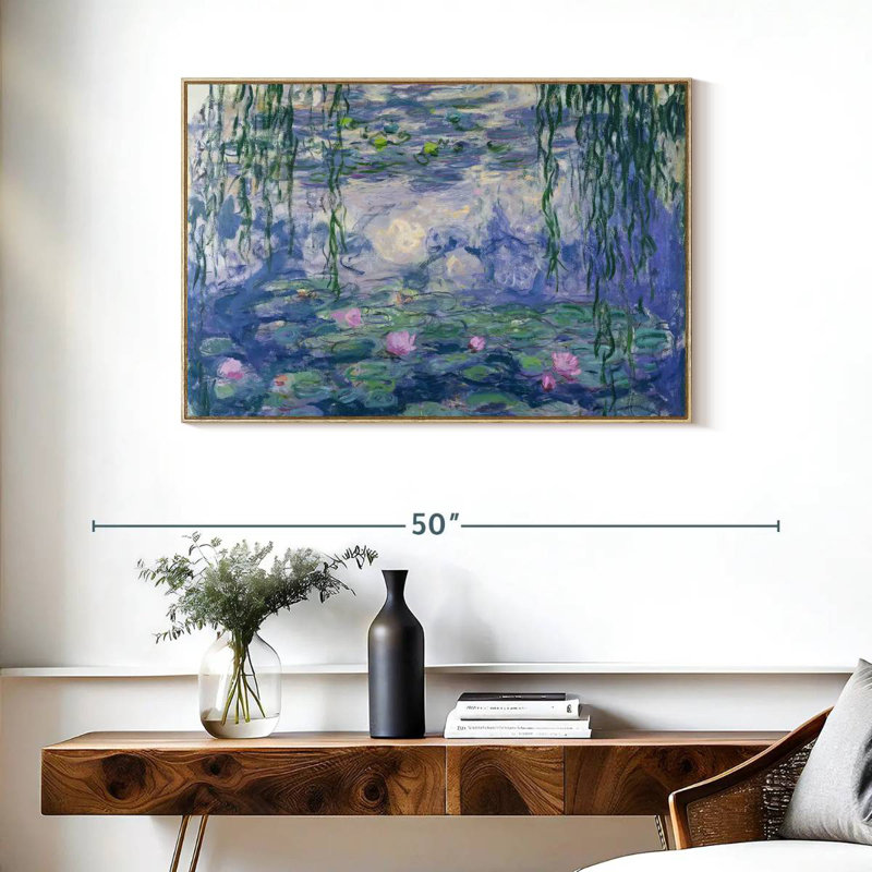 Nymphéas V, 37 po x 25 po, Cadre flottant en bois naturel