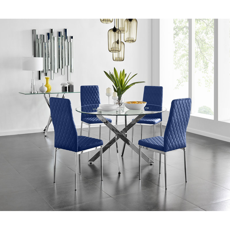 Bernell Modern Chrome Metal & Glass Round Dining Table Set with 4 Quilted Velvet Chairs, 75 x 120 x 120cm, Navy/Silver