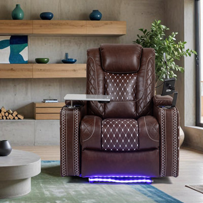 Ryun 34.25"W Faux Leather Recliner, Reading Light, USB, Arm Table & Console Box, Cup & Phone Holder by Latitude Run
