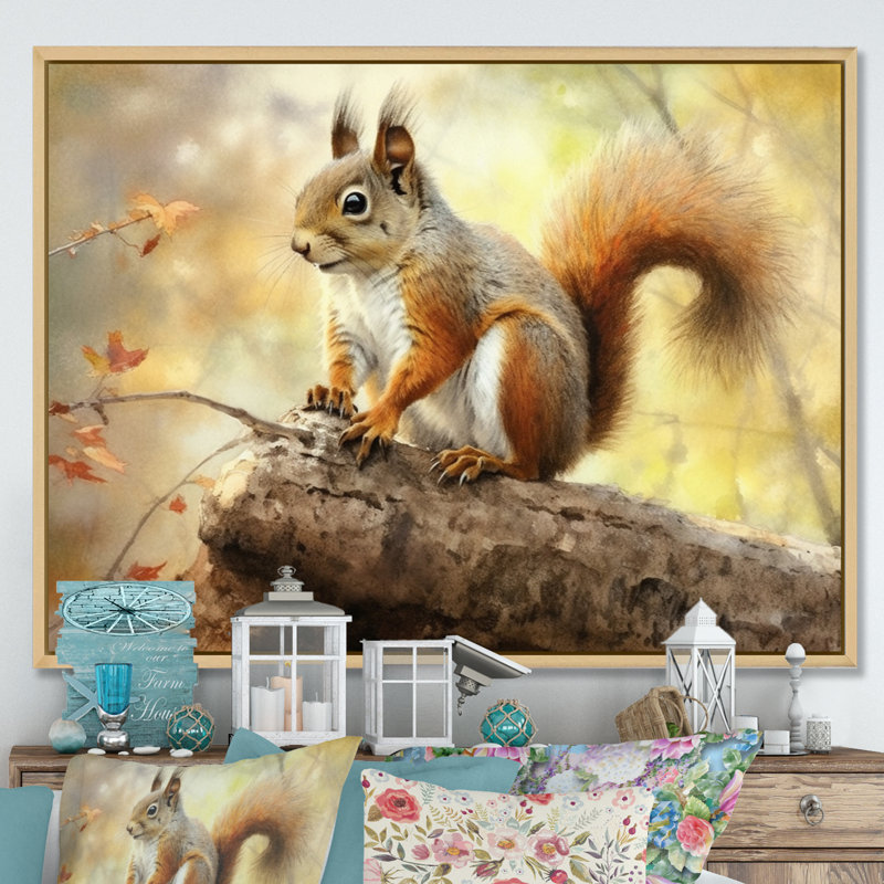 Écureuil vif I sur toile, Cadre naturel flottant, 16" H x 32" W