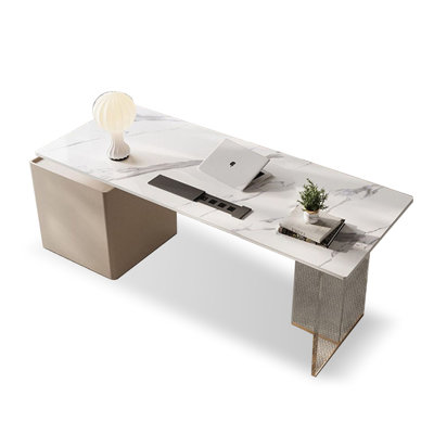 Champagne Golden Rectangular Sintered Stone + Acrylic with 2 drawers Desk