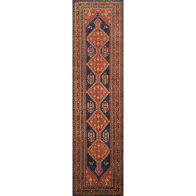 Tapis de couloir unique en laine noué à la main de style années 2010 de 4 pi x 14 pi en rouge / bleu / brun Malayer