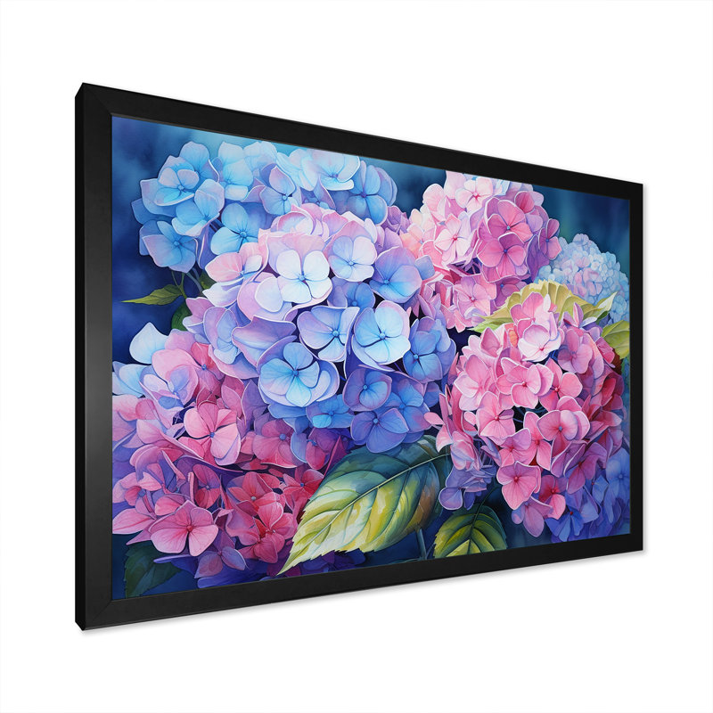 Hortensia rose et mauve coucher de soleil I - impression, H 16 po x l 32 po x P 1 po, Cadre simple noir