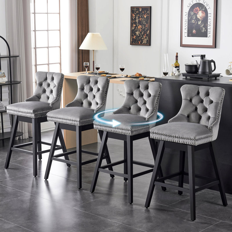 Counter Height Swivel Stools with Back, Upholstered Kitchen Island Chairs, Solid Wood Frame with Nailhead Trim, Set of 4
