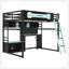 Lit mezzanine double en bois avec bureau, tablettes, lumières DEL, ports USB et panneau perforé, noir et bleu-129747079