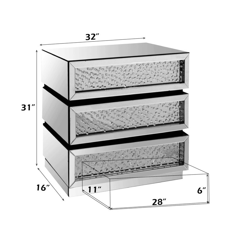 Console rectangulaire à miroir avec 3 tiroirs latéraux en métal, bord biseauté de 5 mm, cristal, pieds fuselés, largeur de 32 po, hauteur de 31 po, 16 de profondeur, couleur argent, finition du matériau du miroir, faux