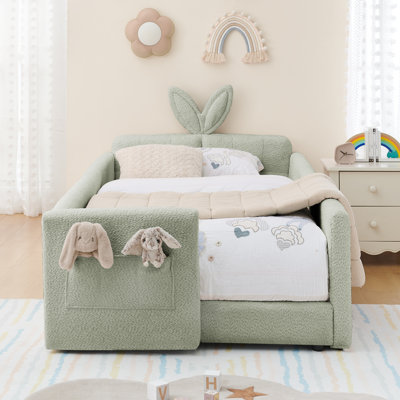 Boucle Upholstered Platform Bed with Cute Rabbit Ear Shaped Headboard
