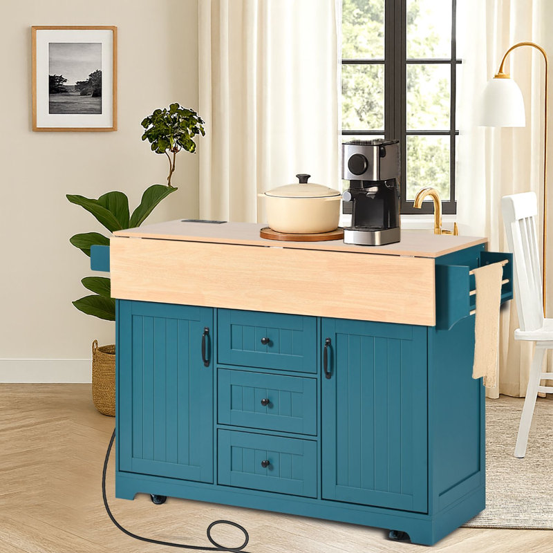 Expandable Drop Leaf Kitchen Island with Built-in Power Outlet, Rolling Storage Cart with Drawers, Adjustable Shelves & Towel Rack