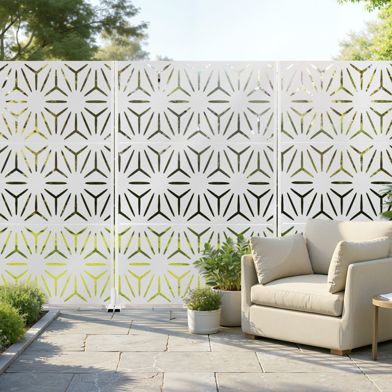 72" H x 47" W Metal Privacy Screen with Stand – Freestanding Outdoor Privacy Panel for Deck, Patio, Balcony, White