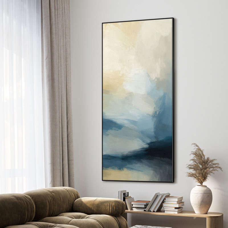 Extra Large Wall Art Fabric Print - Soft Blue and Beige Abstract Coastal Horizon Artwork Decor for Living Room or Bedroom - "Frame Assembly Required (Unfinished Frame)"