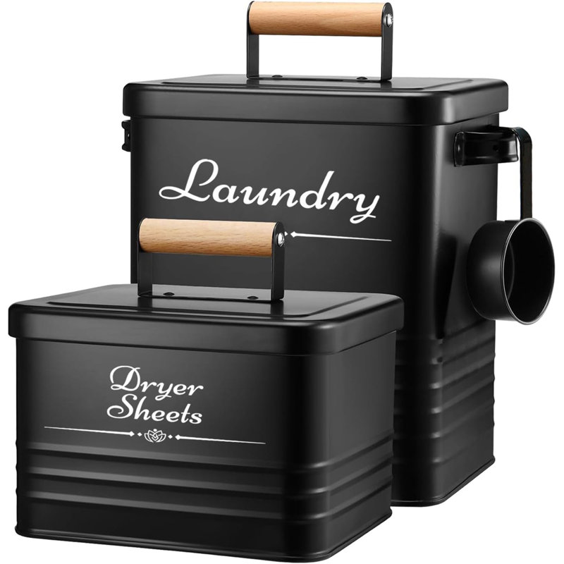 Ensemble de rangement pour buanderie de style champêtre, contenant en métal pour lessive et porte-feuilles pour sécheuse avec poignées de couvercle en bois